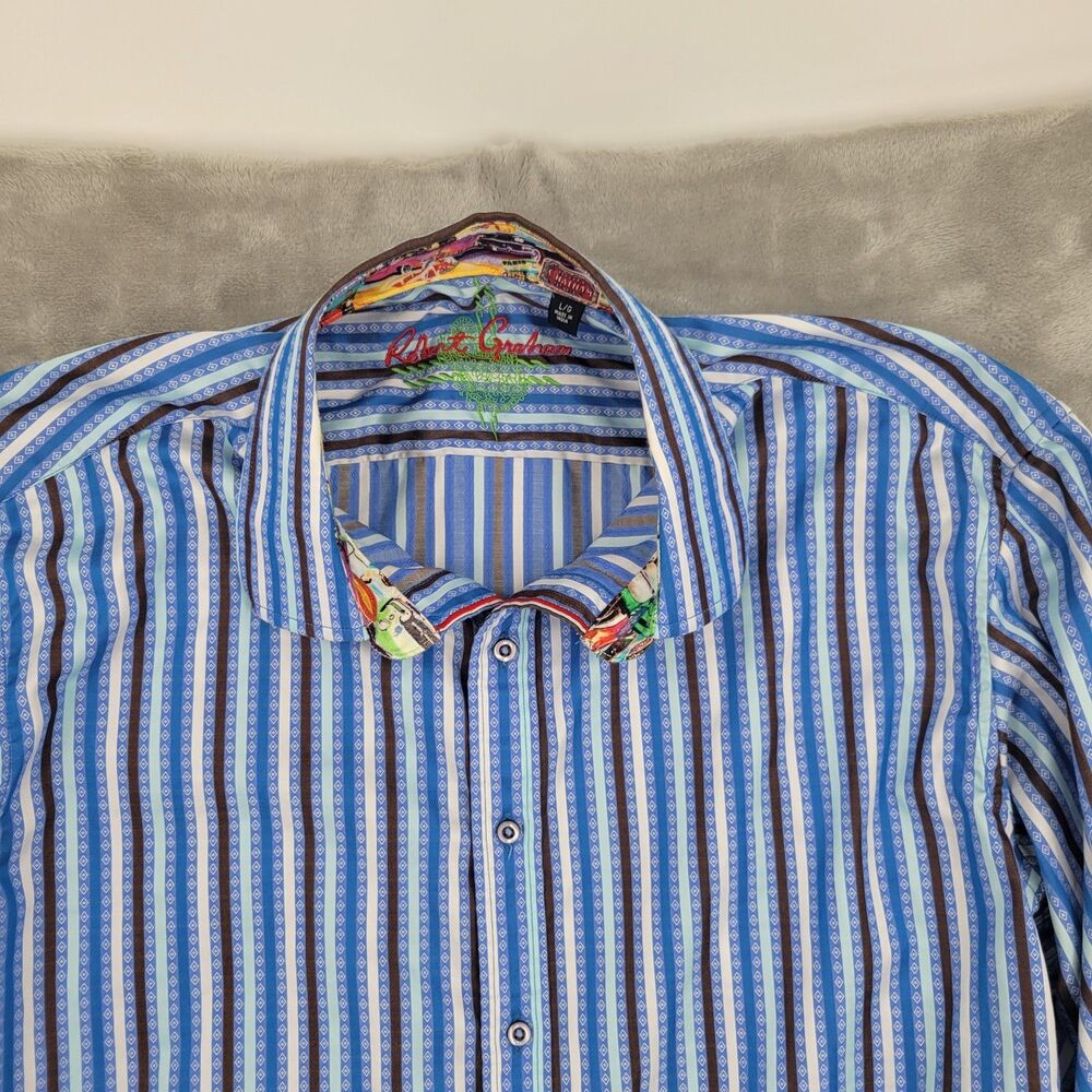 Robert Graham Men's Dress Shirt Size Large Blue Stripes Paris Hotel Flip Cuff - Picture 8 of 13